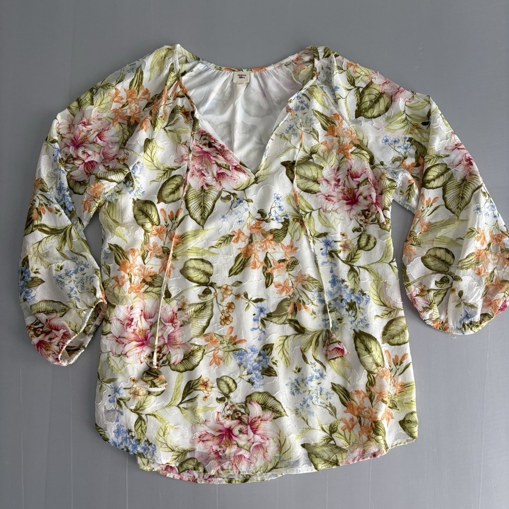 Autres Filles Womens Small Floral Ruffle‎ Trim Sheer Lantern Sleeve Blouse Top